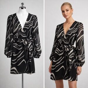 Dynamite Black Grey Abstract Sheer Sleeve Mini Dress